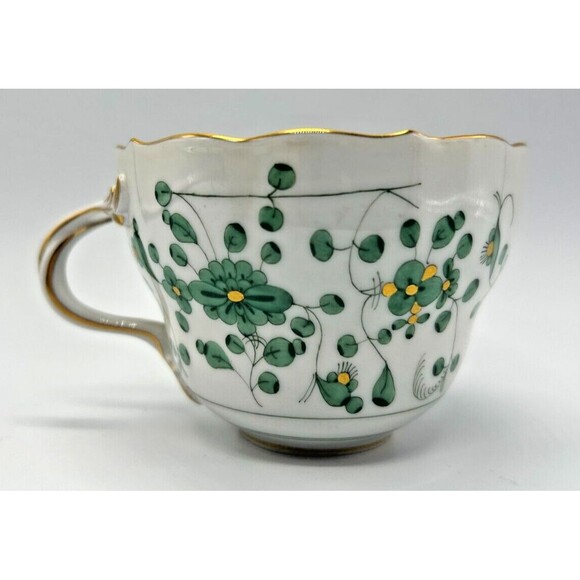 VINTAGE Meissen Indian Painting Green- Flat Cup & Saucer Set - Flowers Gold Trim - Picture 8 of 11